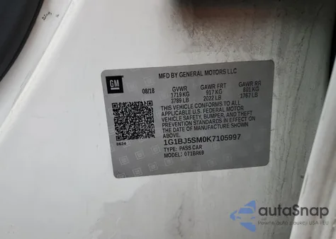 2019 Chevrolet Cruze из США, поврежденный, VIN 1G1BJ5SM0K7105997